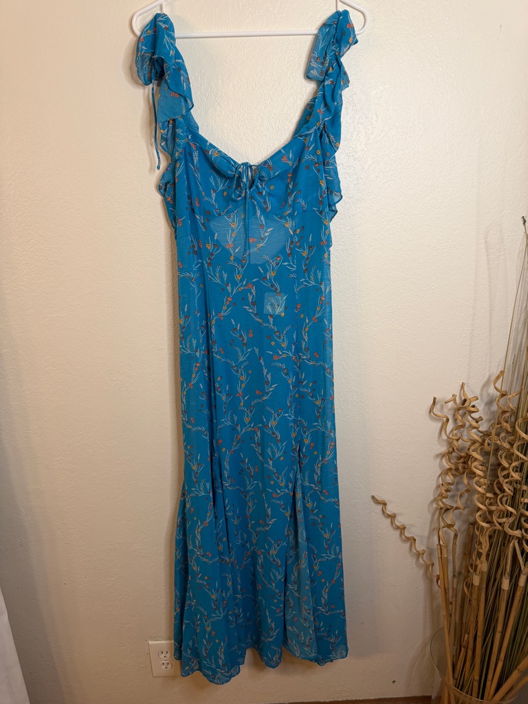 Free People Teal Floral Maxi Dress With Ruffle Tie Straps
